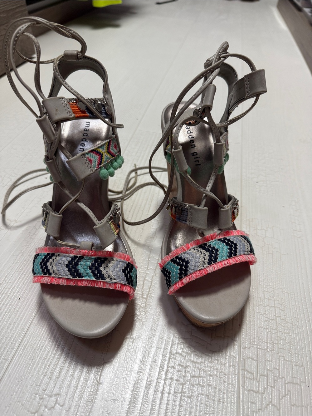 Madden Girl Gray Lace-Up Heels with Pink & Teal Embroidered Straps